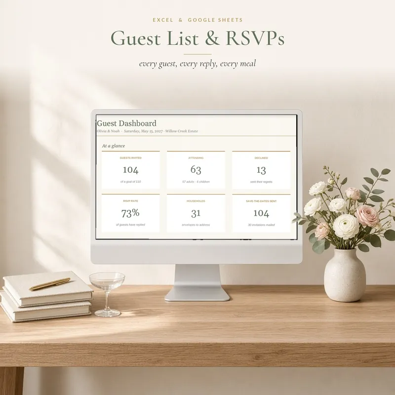 Guest List and RSVP Tracker dashboard on a desktop monitor