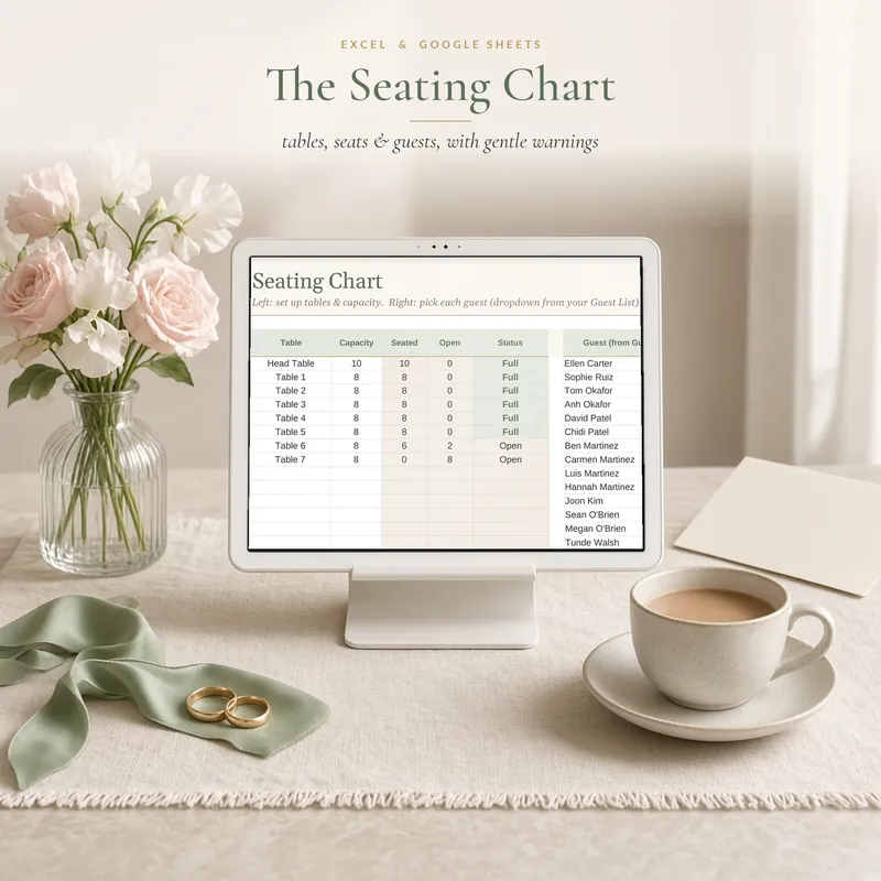 Seating Chart Planner on a tablet stand with flowers and a cup of tea