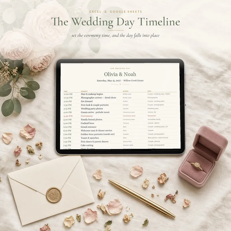 Wedding Day Timeline on a tablet beside an envelope with a wax seal