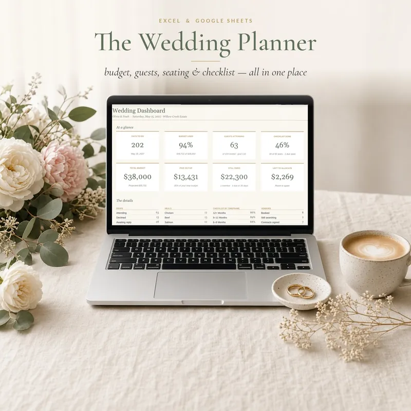The All-in-One Wedding Planner spreadsheet dashboard on a laptop beside coffee and wedding rings